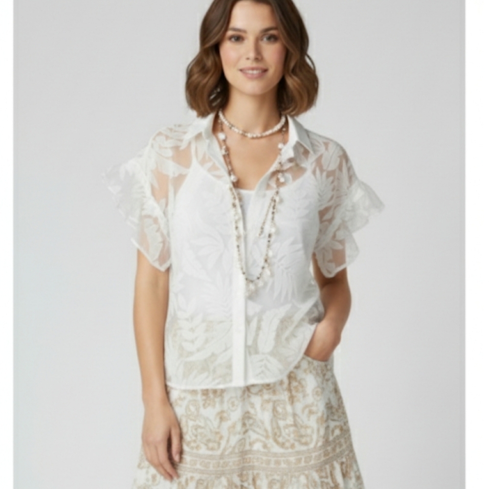 A NEW DAY Sheer White Boho Button Front Top With A Bold Tropical Pattern NWT - Picture 2 of 9